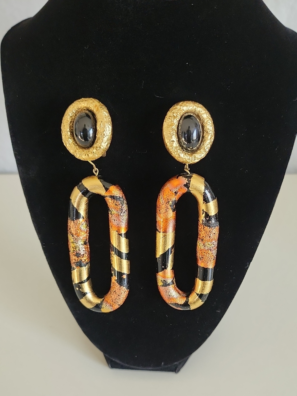 Vintage Handmade Gold, Black and Orange Oval Drop Earrings..